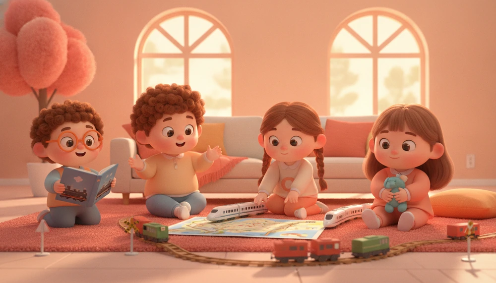 Autistic children discussing their interests in a comfortable setting.