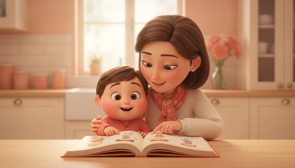 Mother and child reviewing a social story book