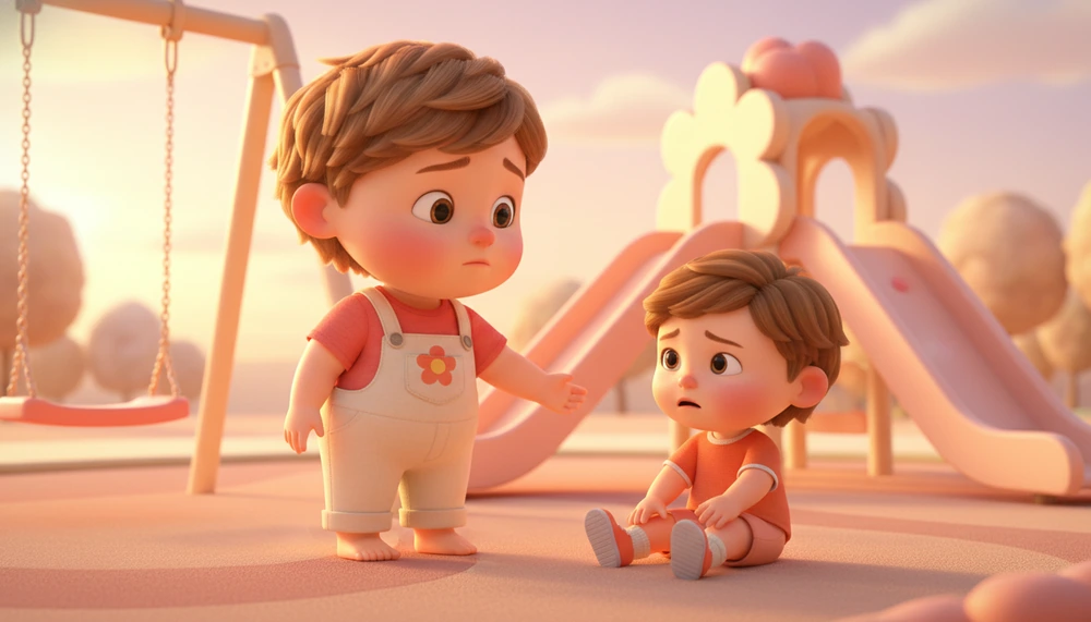 Child at playground showing empathy to another child who has fallen.