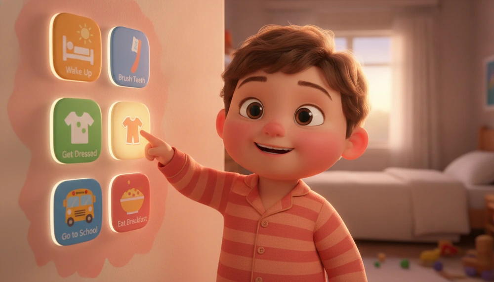 Child using a morning visual schedule with colorful icons.
