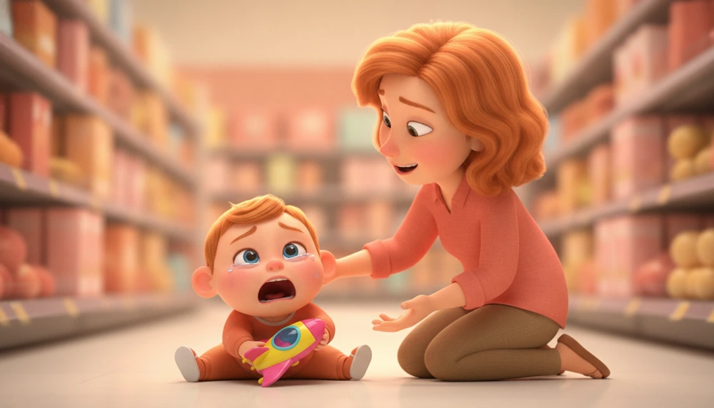 Parent helping child manage emotions in a grocery store.