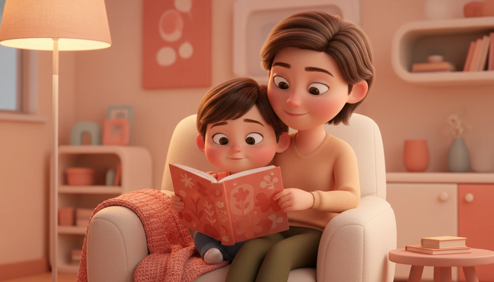 Child reading social story with parent in living room.