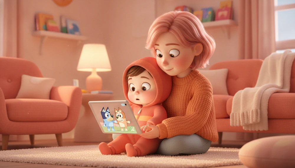 Toddler watching Bluey with parent, learning emotions.