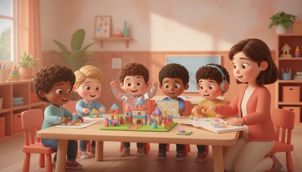 Autistic and neurotypical children working together in a classroom group project.