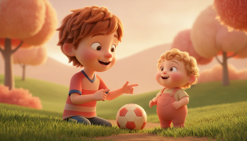 Older child explaining soccer to younger sibling at the park.