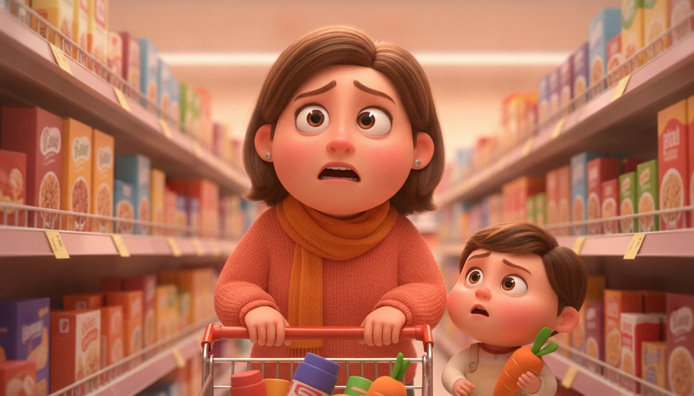Parent expressing stress in a supermarket with child observing, demonstrating emotional learning.