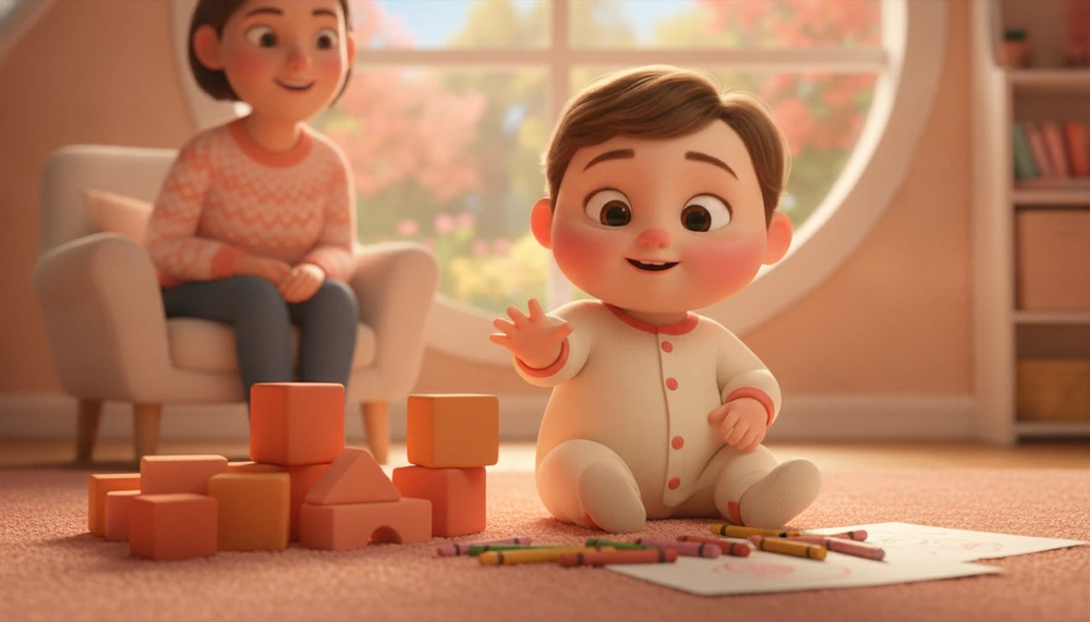 Toddler choosing between building blocks and crayons during playtime.