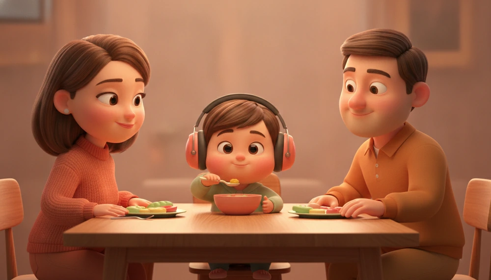 Child wearing noise-canceling headphones at dinner, feeling comfortable and included.