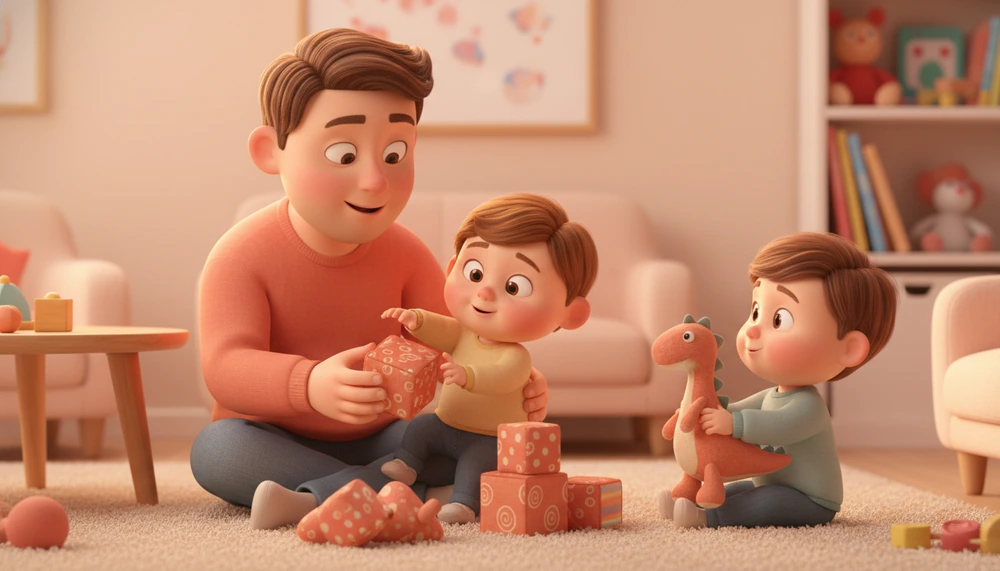 Parent and child sharing a toy during a playdate.