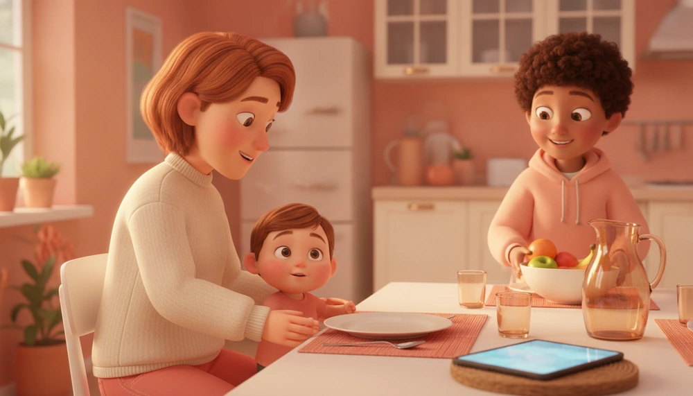 Family setting the dinner table, transitioning from screen time.