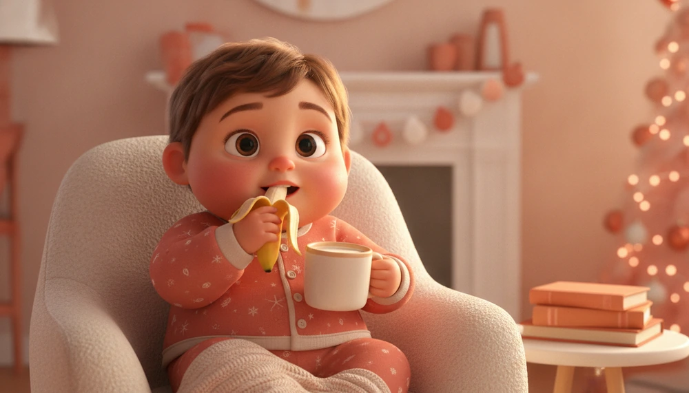 Child enjoying bedtime rituals with a banana and milk during holiday season.
