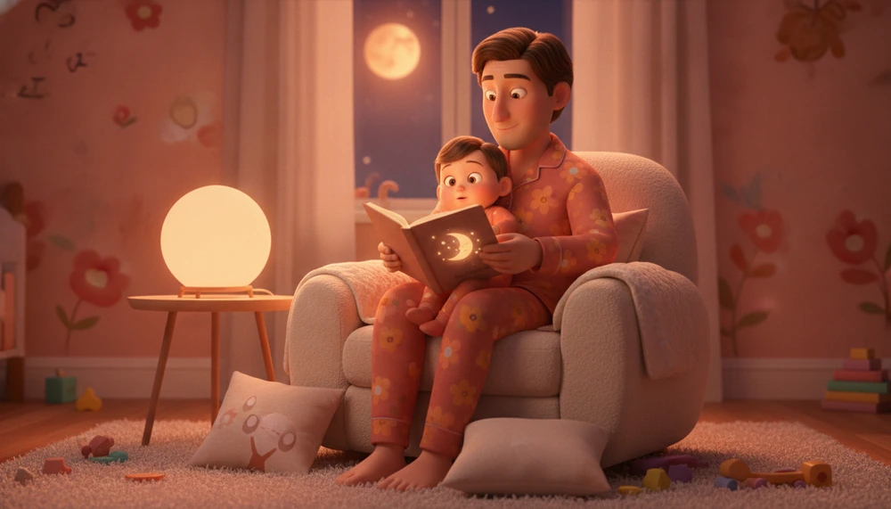 A parent reading a bedtime story to a child in a cozy, dimly lit room, promoting relaxation.