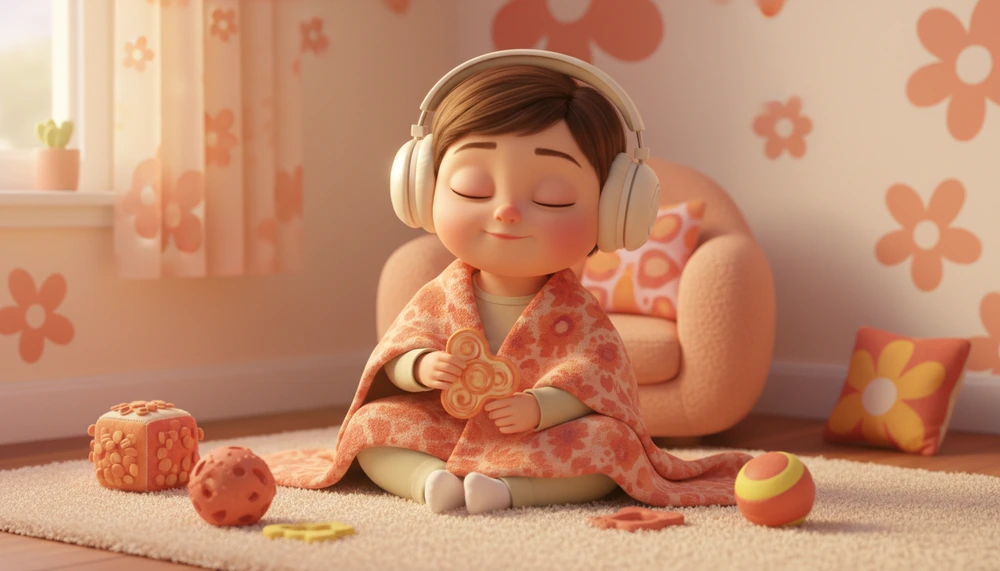 Child in sensory-friendly corner with headphones and toys.