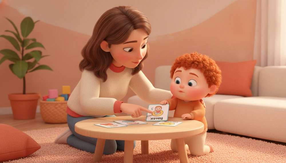 Parent using picture cards to help child express needing a break.