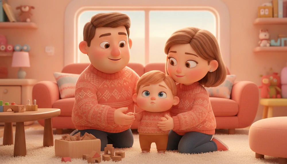 Family setting boundary in a warm living room, illustrating understanding and connection.