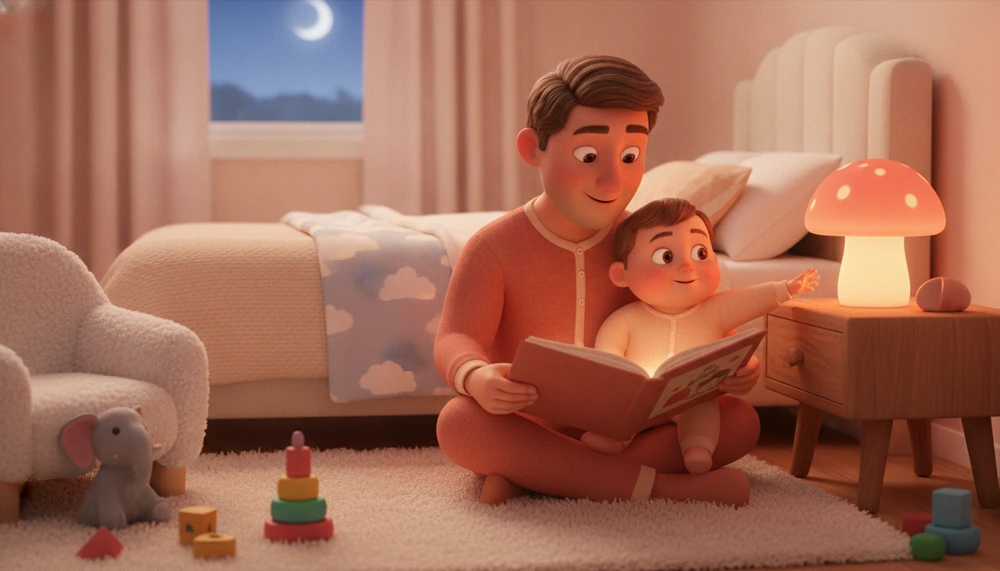 Parent and child engaging in a calming bedtime ritual with a story and night light.