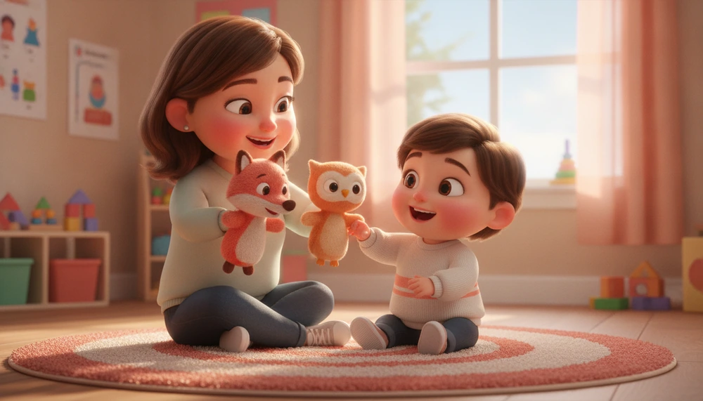 Child in therapy session with therapist using puppets.