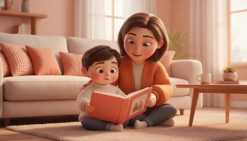 Child reading a social storybook with an adult in a cozy setting.