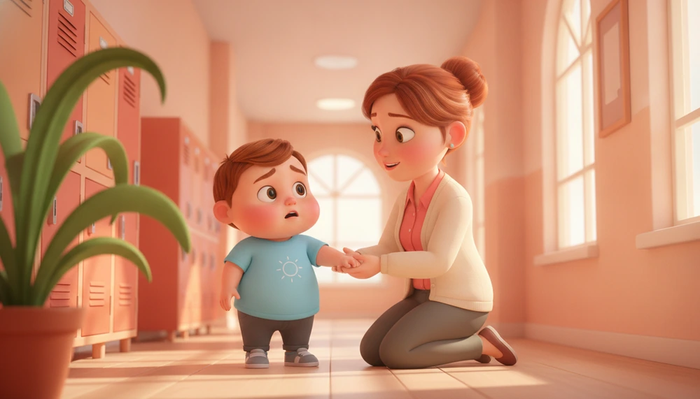 Child discussing an important issue with a teacher.