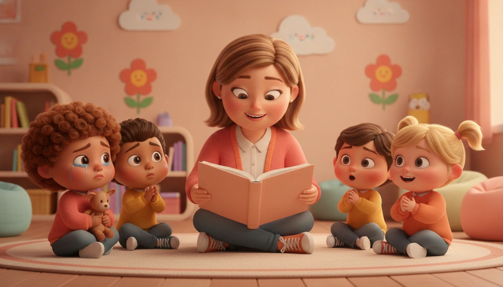 Teacher reading a story to children seated in a circle, highlighting empathy through storytelling.