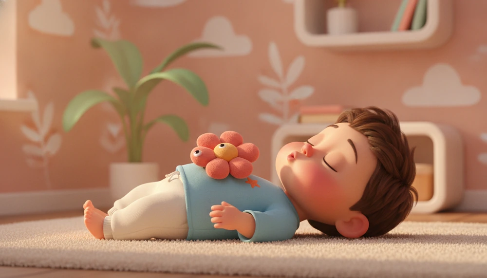 Child practicing mindful breathing with toy on belly.