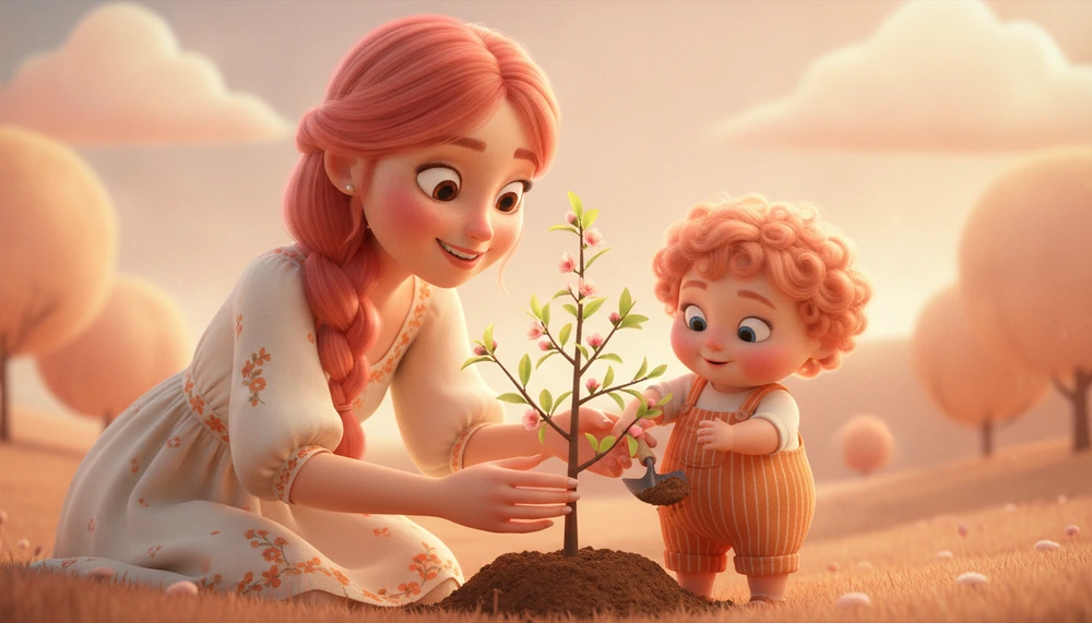 Mother and child planting a tree together on Mother's Day.