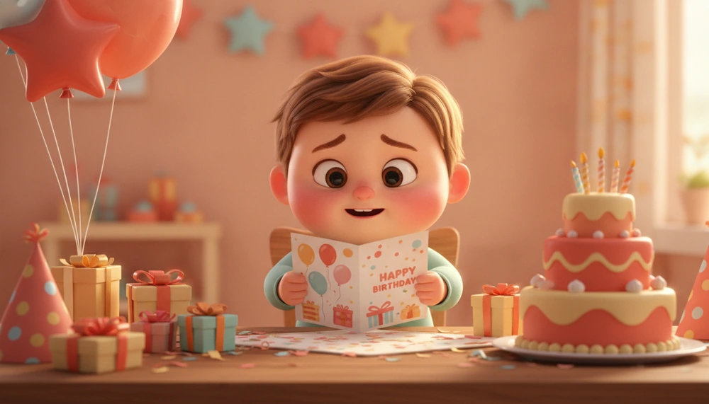 Child looking at a birthday invitation with excitement and anxiety.