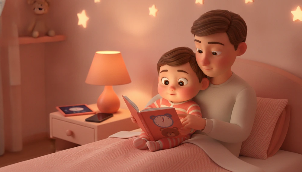 Child and parent reading a social story about bedtime routine.