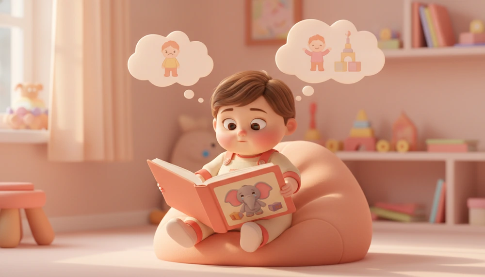 Child reading, imagining emotions of story character losing a toy.