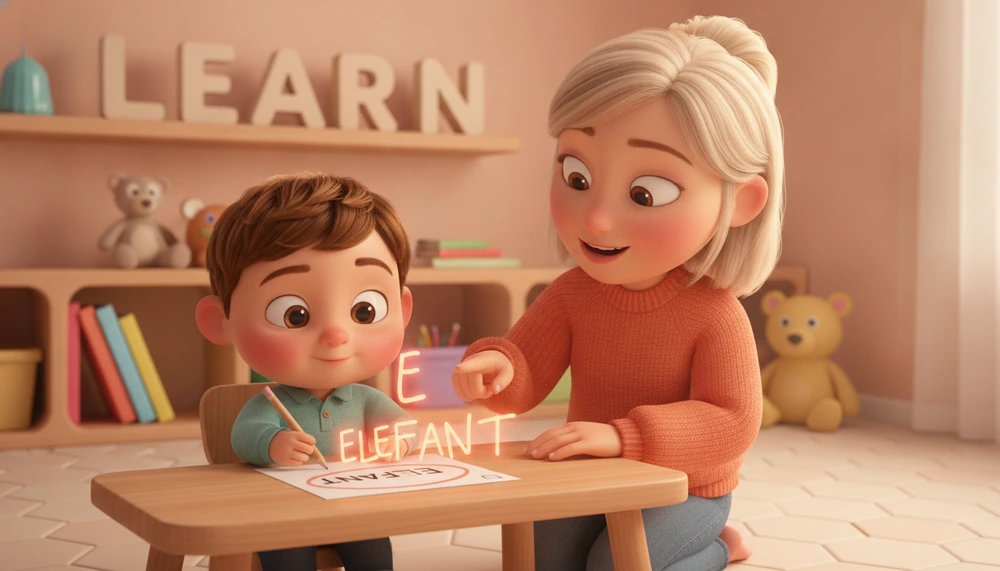 Child learning from mistakes in spelling test with parent.