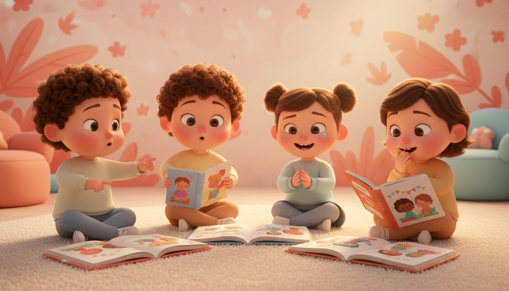 Children engaging with social storybooks, showing various emotions.