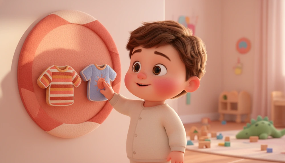 Child choosing between shirts using a choice board.