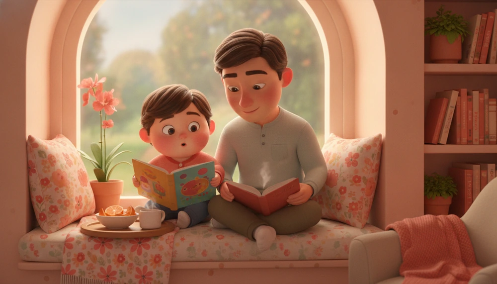 Child and parent in a cozy nook with books and snacks, unwinding after school.