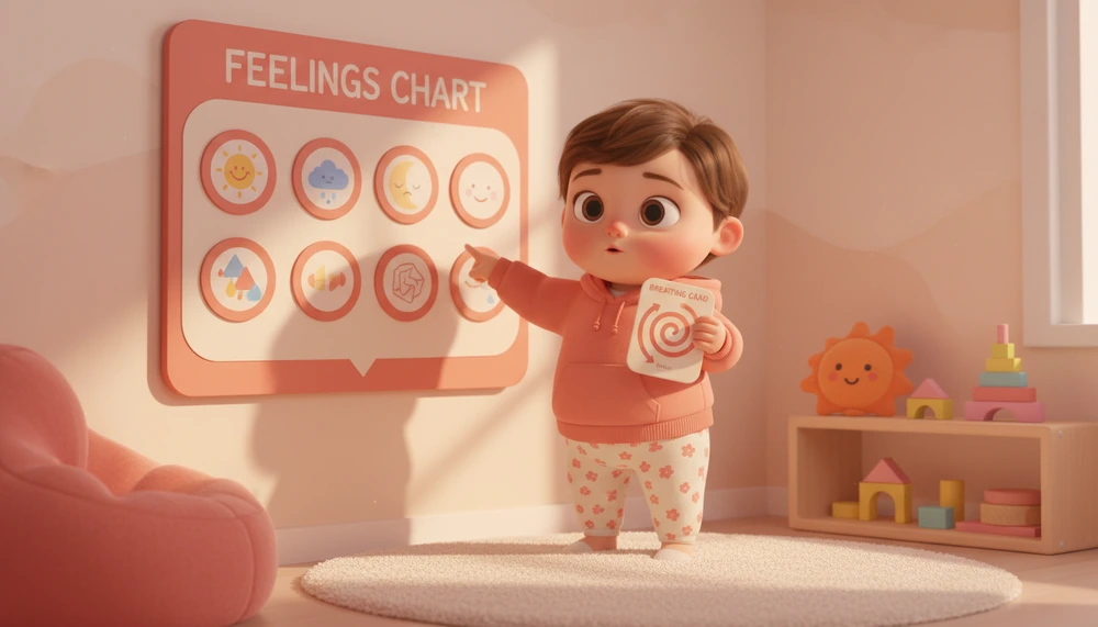 Child pointing to an emotion on a feelings chart in a calm-down corner.