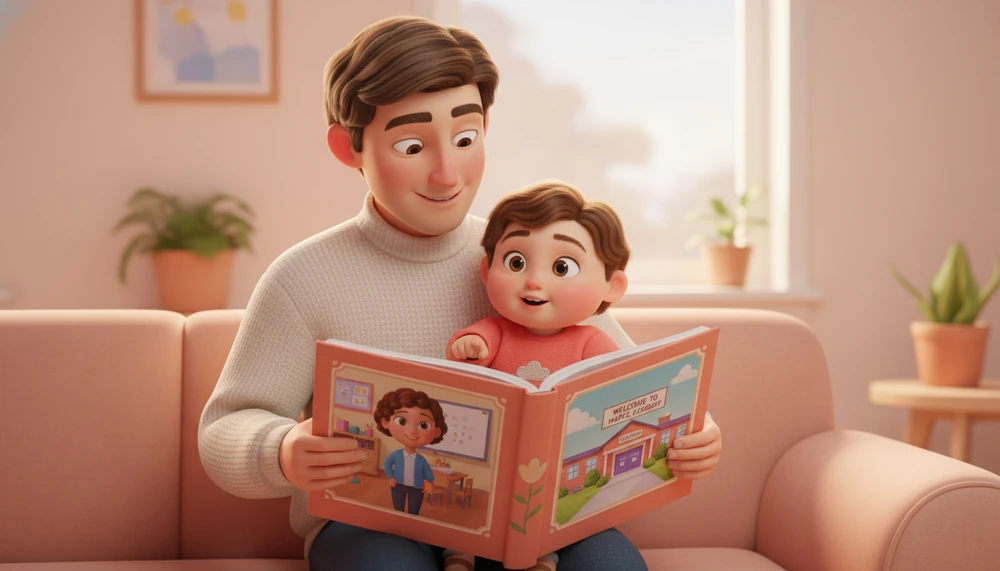 Parent and child reading a personalized social story about school.