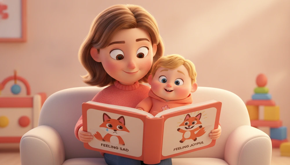 Parent and toddler reading a social story book about emotions.