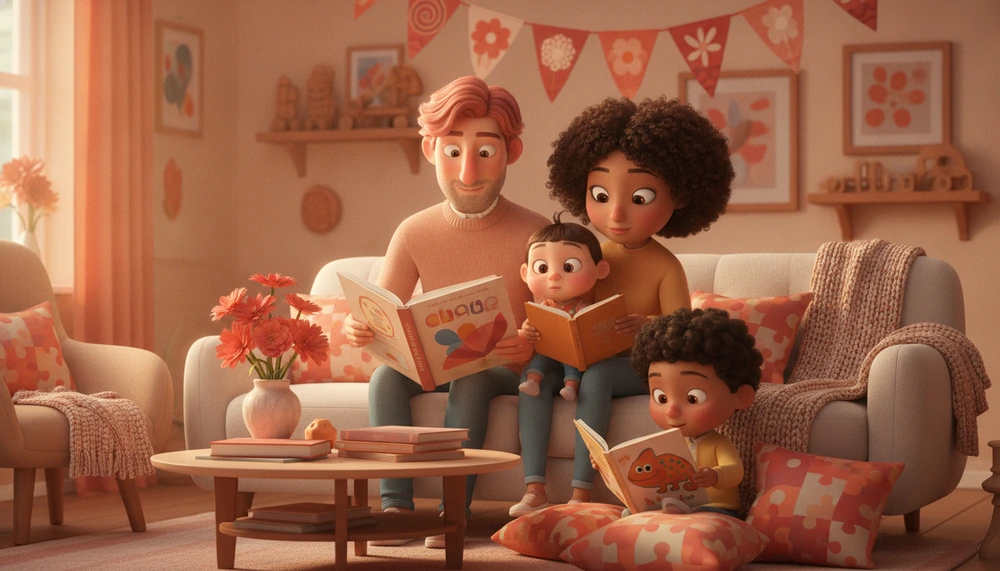 Family reading books about autism and acceptance in a decorated living room.