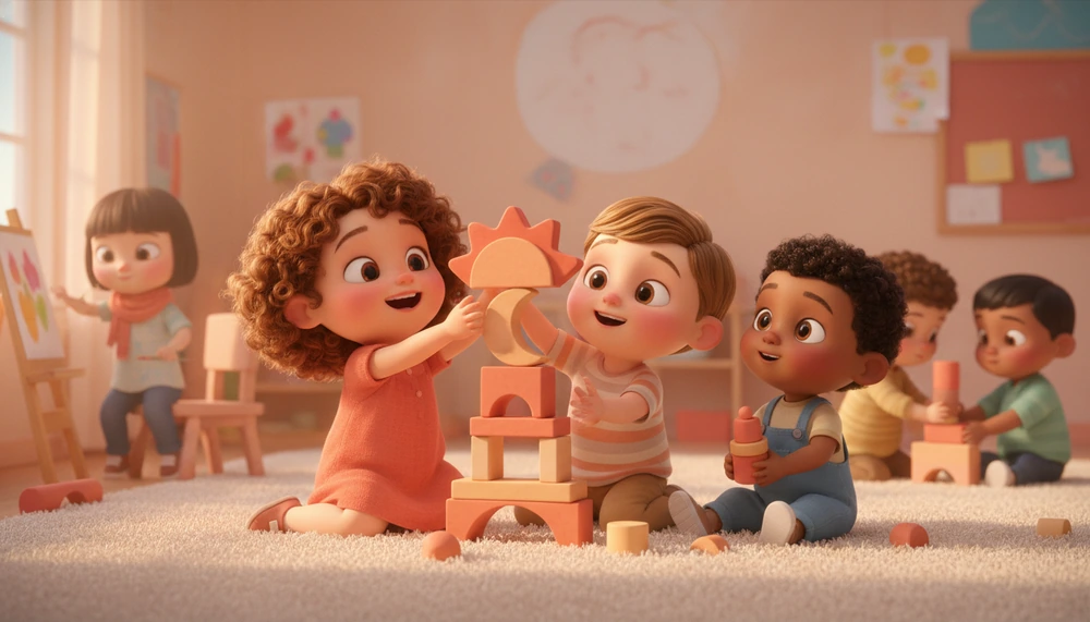 Children playing with blocks in a preschool, representing 'momentary playmates'.