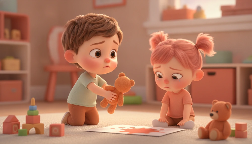 Child apologizing for spilling juice during a playdate.