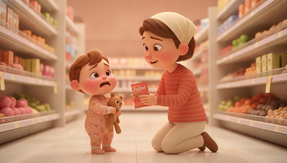 Parent offering a snack to a crying toddler in a store.