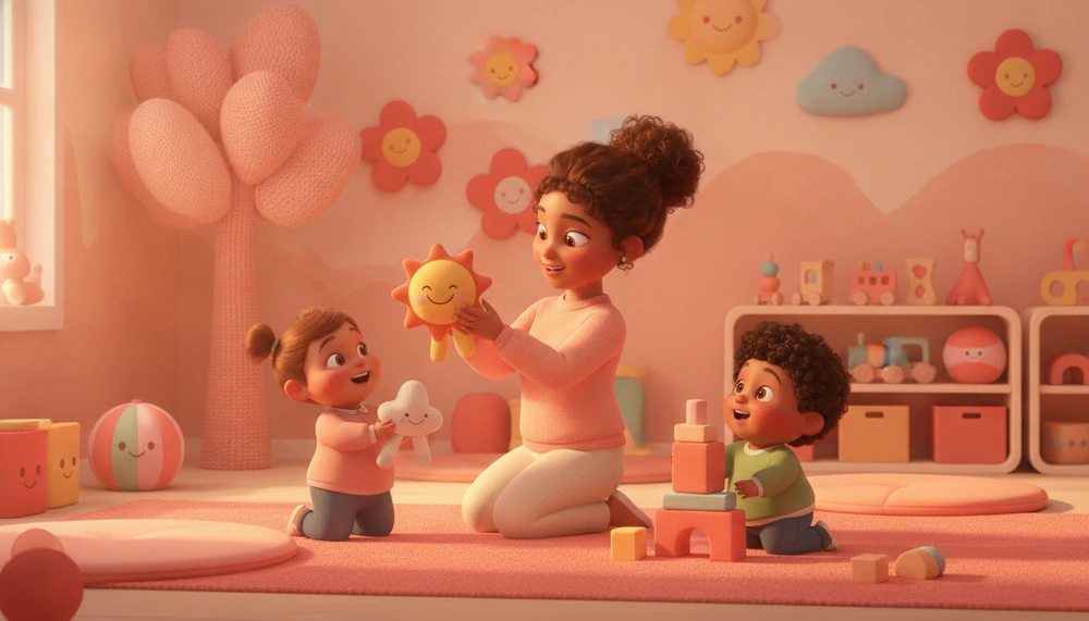 Children and therapist practicing skills in a colorful therapy room, surrounded by visual aids and toys.