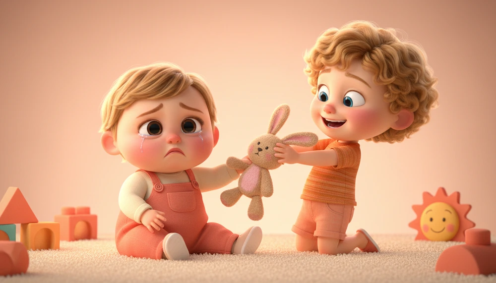 A toddler looks sad as another child plays with their toy.