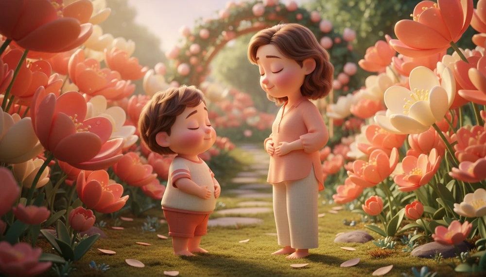 A child practicing deep breathing exercises with a parent in a garden.
