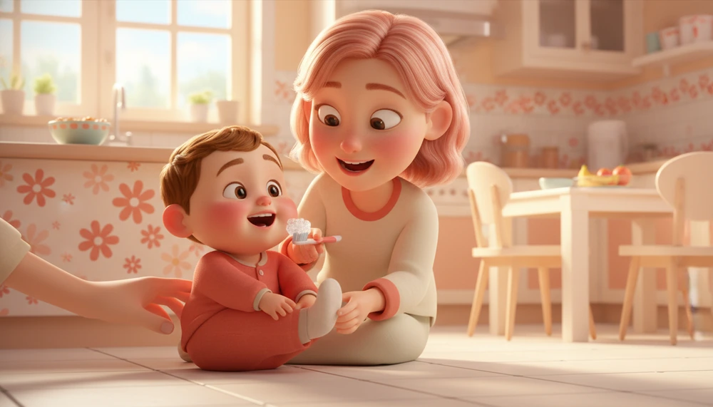 Child and parent going through a morning routine: dressing, brushing teeth, having breakfast.