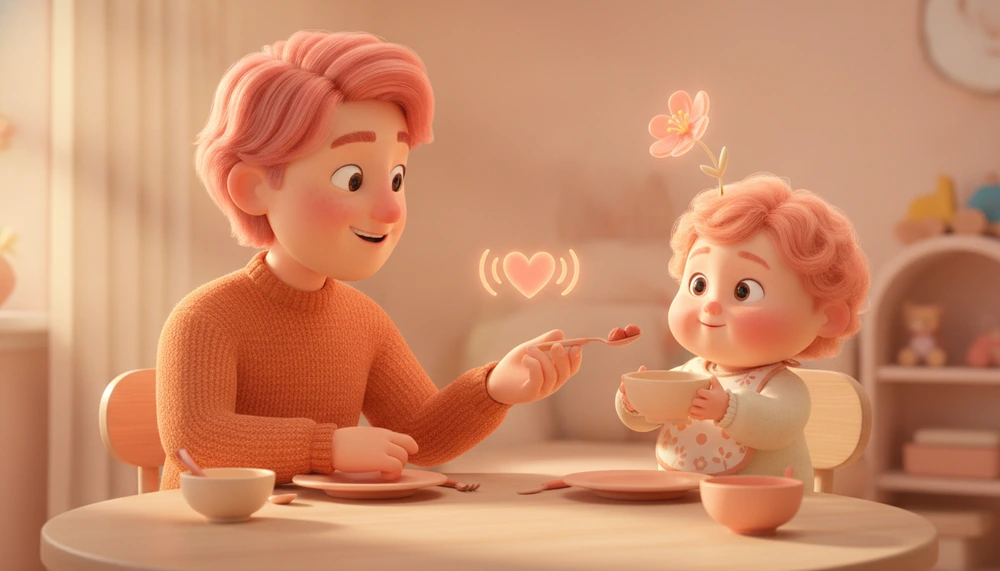 Parent and child practicing manners during mealtime.
