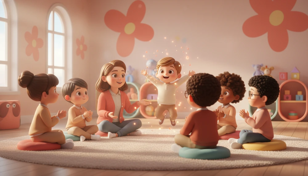 Children in a classroom role-playing emotional scenarios.