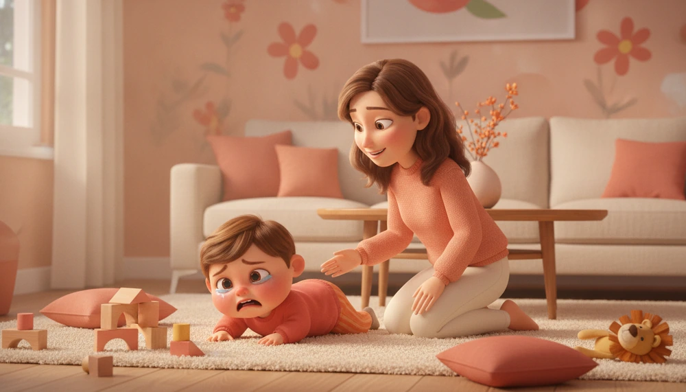 Toddler having a tantrum with a calm parent nearby.