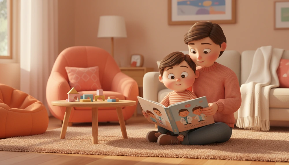 A parent and child reading a social storybook about a doctor's visit in a cozy living room setting.