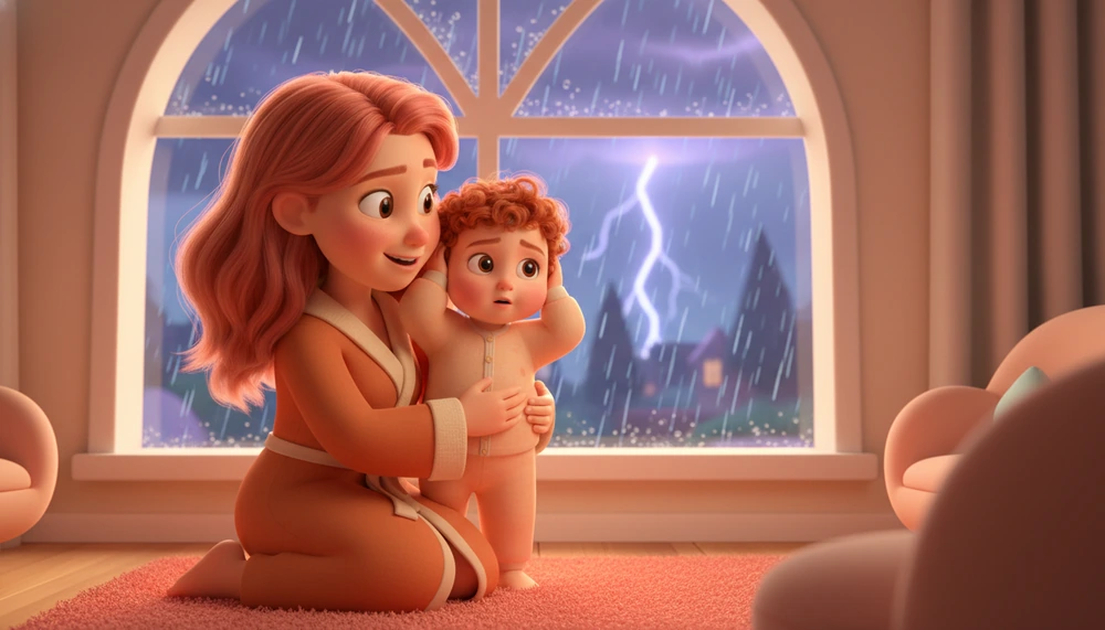 Parent comforting a child during a thunderstorm by the window.