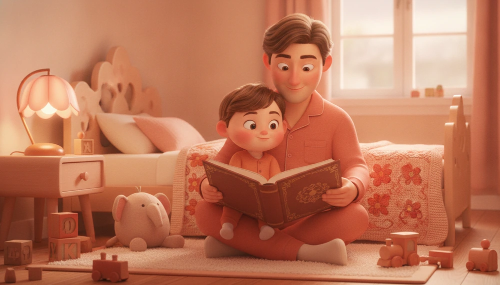 Parent and child reading a bedtime story in a cozy, softly lit bedroom.